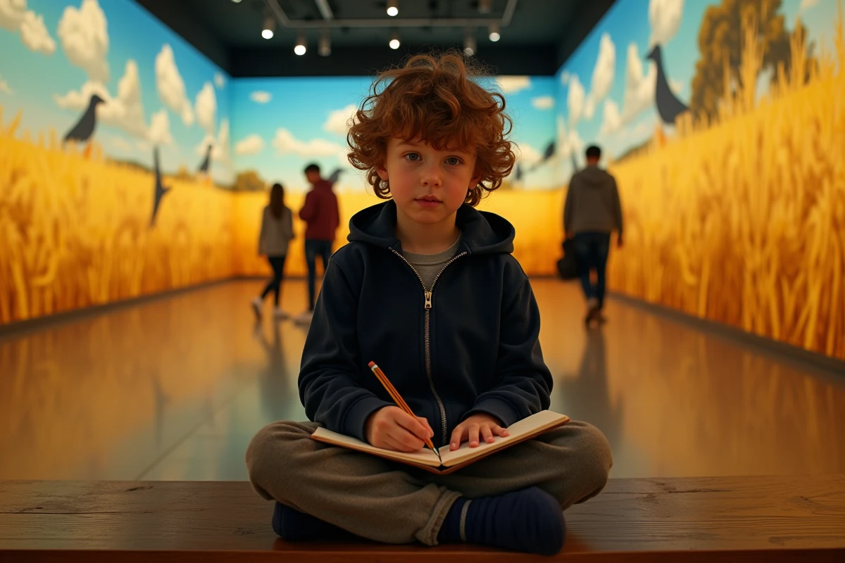 Enfant dessinant dans un carnet lors d'une visite de l'expo Van Gogh à Lyon