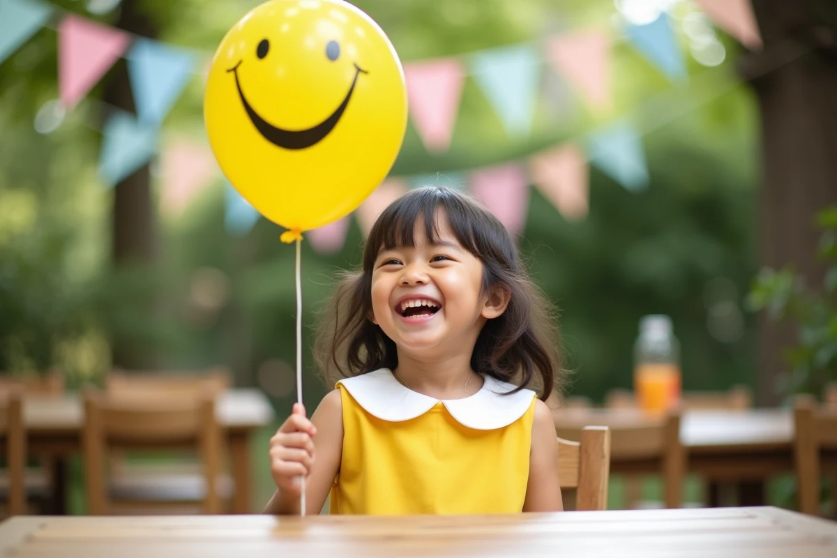 Petite fille en robe jaune tenant un ballon smiley lors d'une fête d'anniversaire en plein air dans un jardin