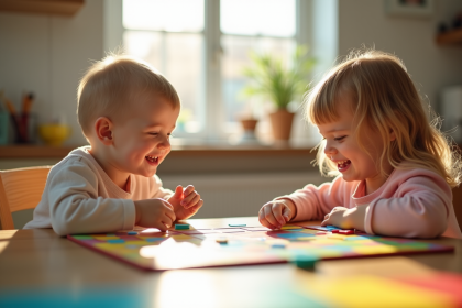 Deux enfants d age préscolaire jouent à un jeu de société lumineux