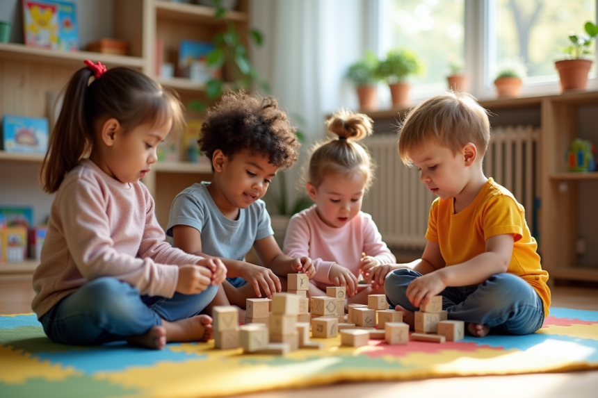 Groupe d'enfants jouant avec des blocs en classe