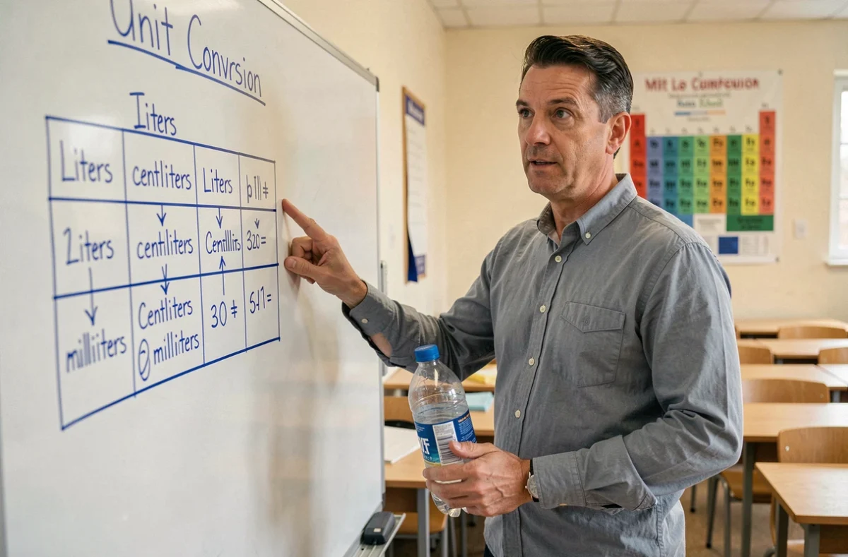 Enseignant en classe expliquant un tableau de conversion des unités de volume litres et millilitres au tableau blanc