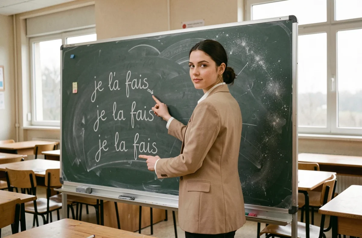 Enseignante expliquant la différence grammaticale entre 'je l'a fais' et 'je la fais' au tableau en classe