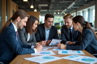 Groupe de professionnels en réunion d'affaires avec données numériques