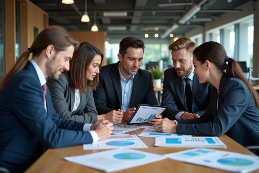 Groupe de professionnels en réunion d'affaires avec données numériques