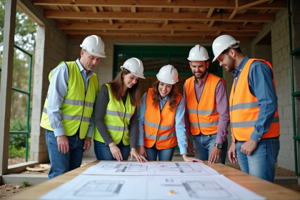Groupe d'adultes divers examinant des plans de construction écologique