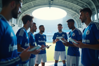 Groupe de joueurs Mille en tunnel de stade discutant statistiques