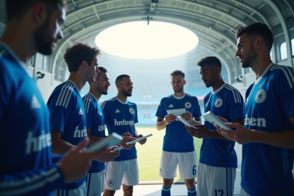 Groupe de joueurs Mille en tunnel de stade discutant statistiques
