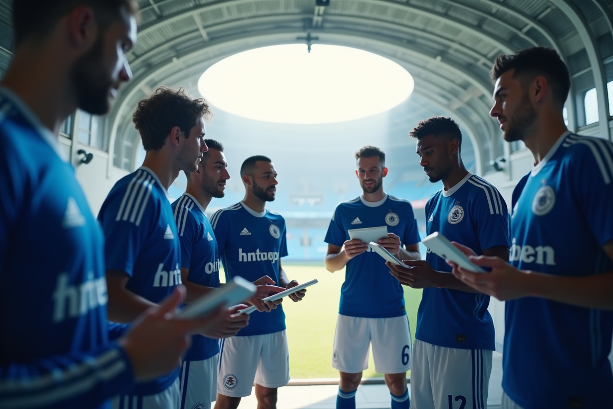 Groupe de joueurs Mille en tunnel de stade discutant statistiques