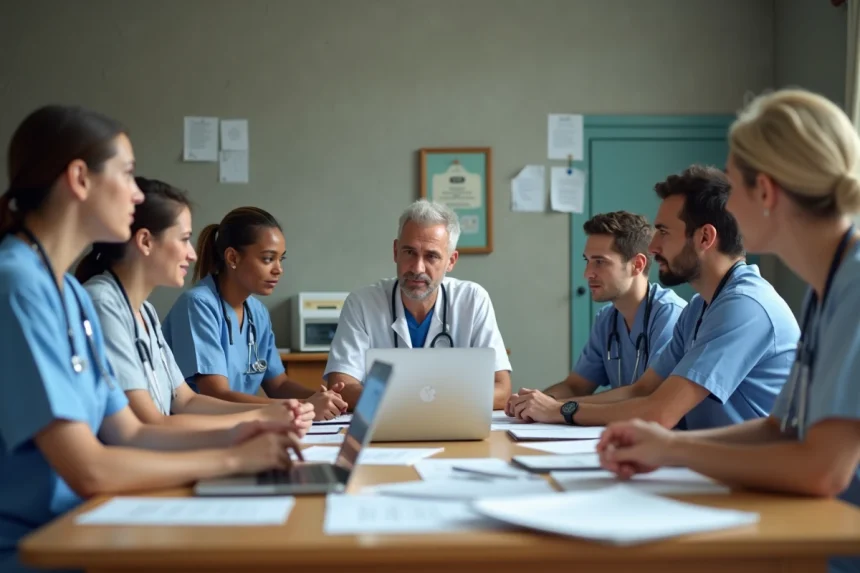 Groupe de professionnels en réunion dans un centre de santé