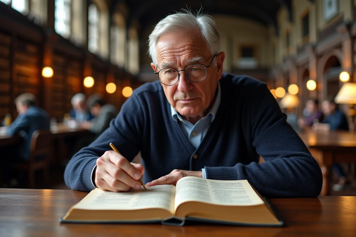Érudit âgé consultant un dictionnaire des synonymes dans une grande salle de lecture universitaire aux boiseries sombres