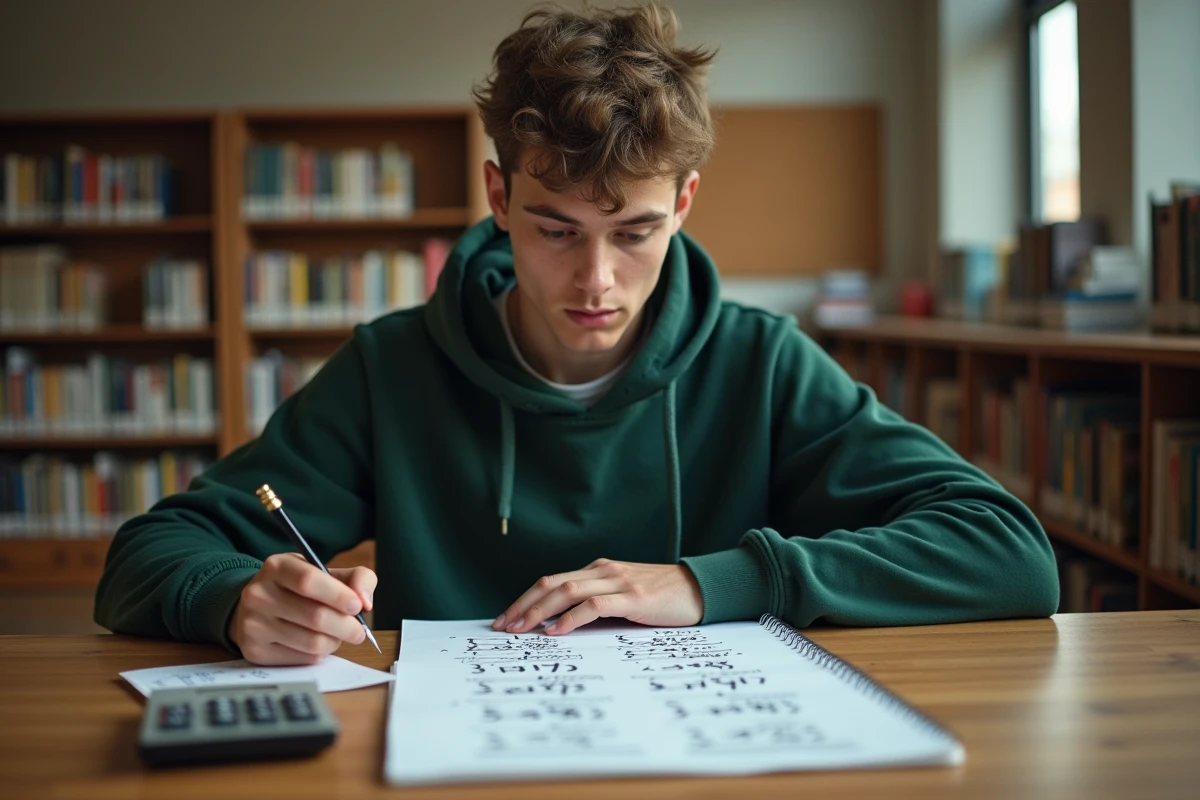Étudiant consultant un tableau de conversion litres en m3 avec une calculatrice et des notes manuscrites dans une bibliothèque universitaire