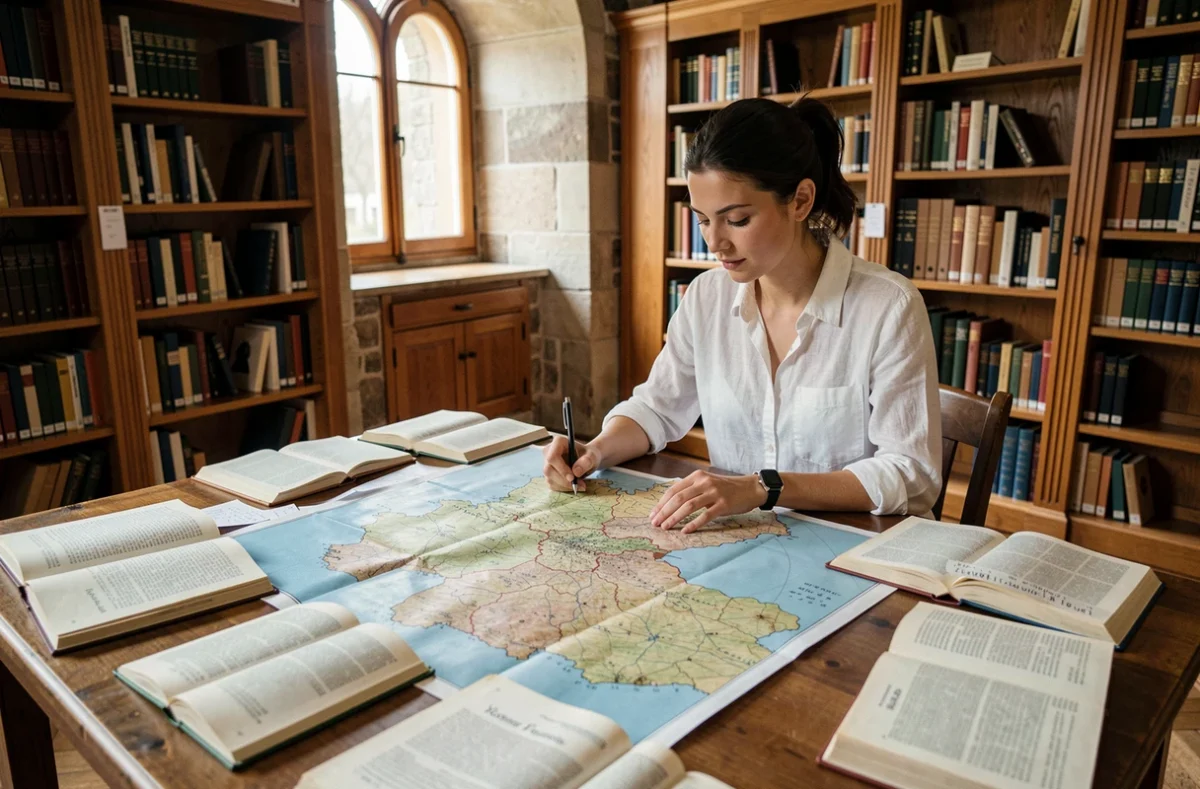 Étudiante analysant une carte des Länder allemands dans une bibliothèque universitaire