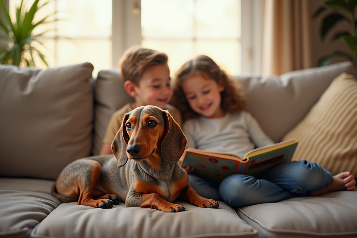 Famille avec un dachshund au repos sur le canapé intérieur