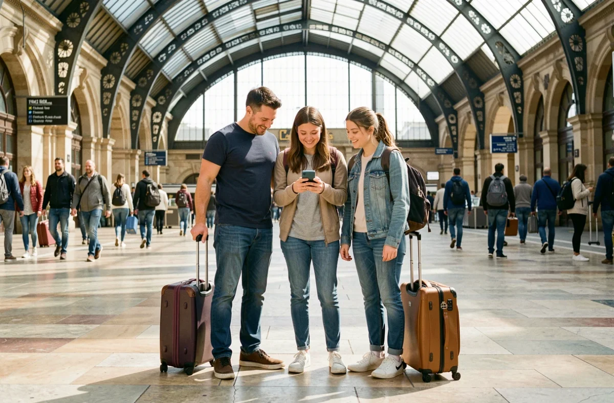 Famille française avec valises dans une gare prenant le train pendant les vacances scolaires