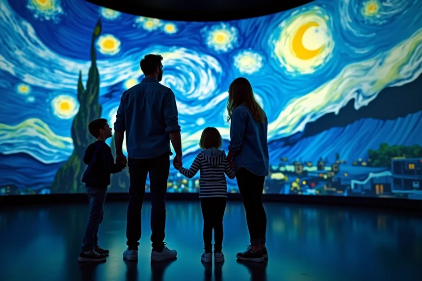 Famille avec enfants admirant une projection immersive de Van Gogh lors d'une expo à Lyon