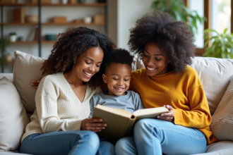 Famille multiraciale lisant un livre dans un salon lumineux