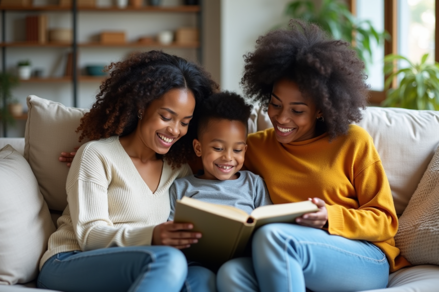 Famille multiraciale lisant un livre dans un salon lumineux