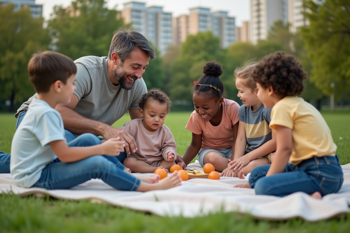 Famille mixte jouant dans un parc urbain ensoleille