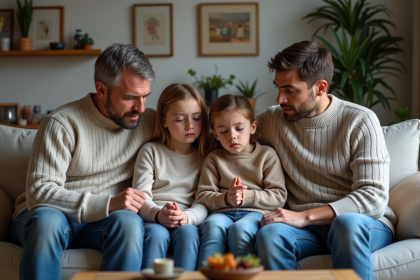 Famille de quatre avec expressions de frustration dans le salon