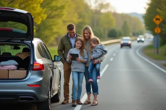 Famille souriante près de la voiture en voyage