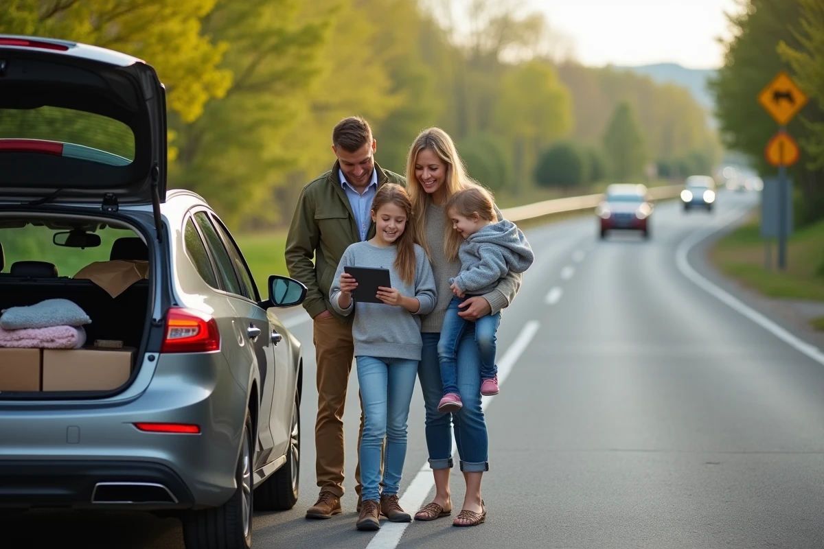 Famille souriante près de la voiture en voyage