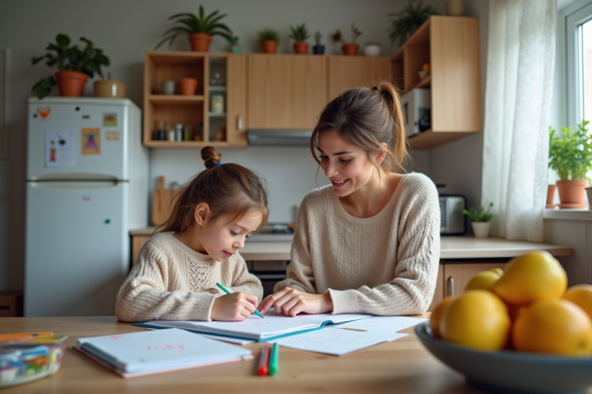 Femme aidant sa fille à faire ses devoirs dans une cuisine chaleureuse