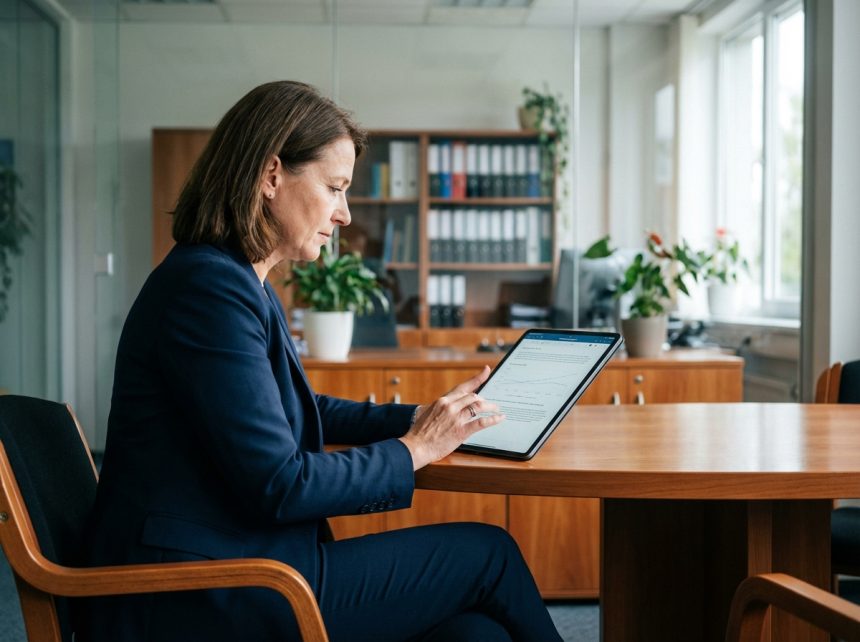 femme d'affaires utilisant une tablette pour gérer des documents