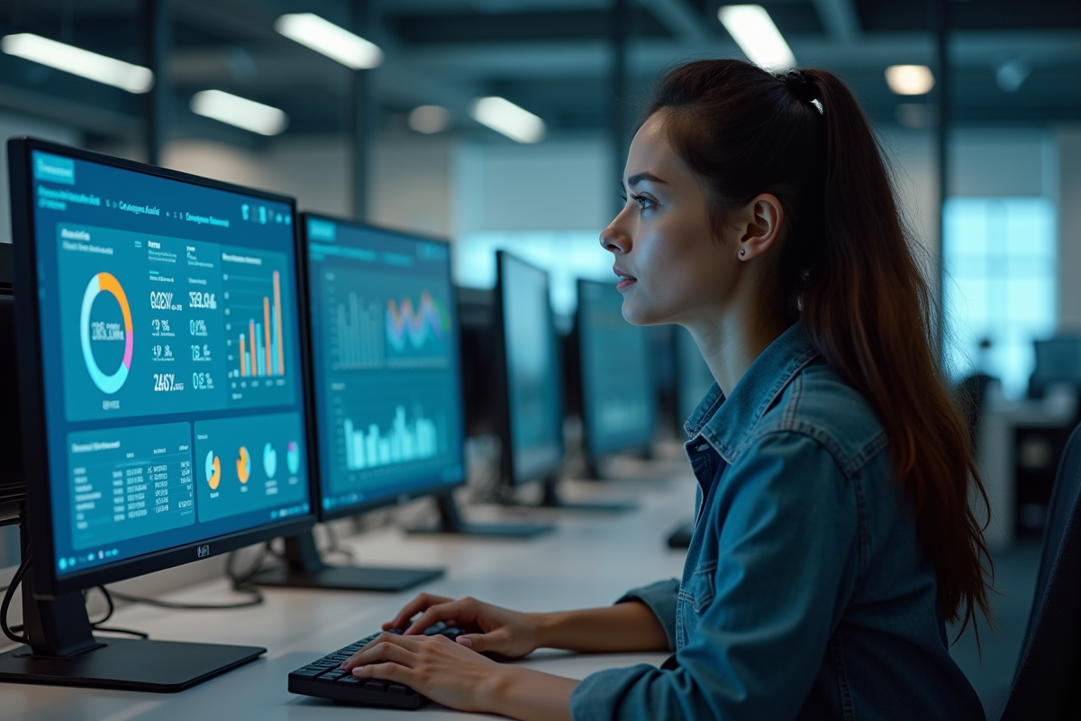 Jeune femme spécialiste IT analysant un tableau de bord AI