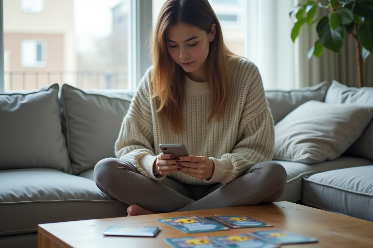 Jeune femme utilisant l'application Pokémon TCG Pocket sur son smartphone, entourée de cadeaux de cartes imprimés sur sa table basse dans un salon moderne