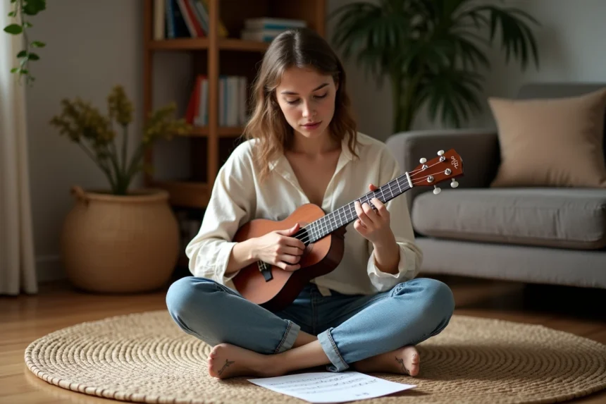 Jeune femme apprenant à jouer du ukulélé avec une tablature manuscrite posée devant elle sur un parquet en bois