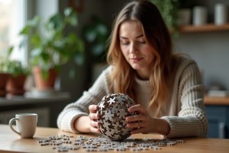 Jeune femme en jeans assemble un puzzle sphère dans la cuisine