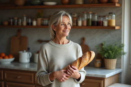 Femme française avec baguette et étiquette nutrition
