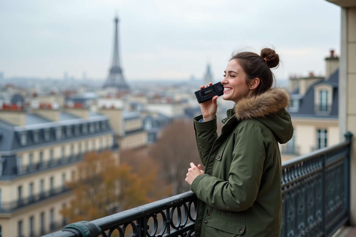 Jeune femme écoutant la radio sur un balcon parisien