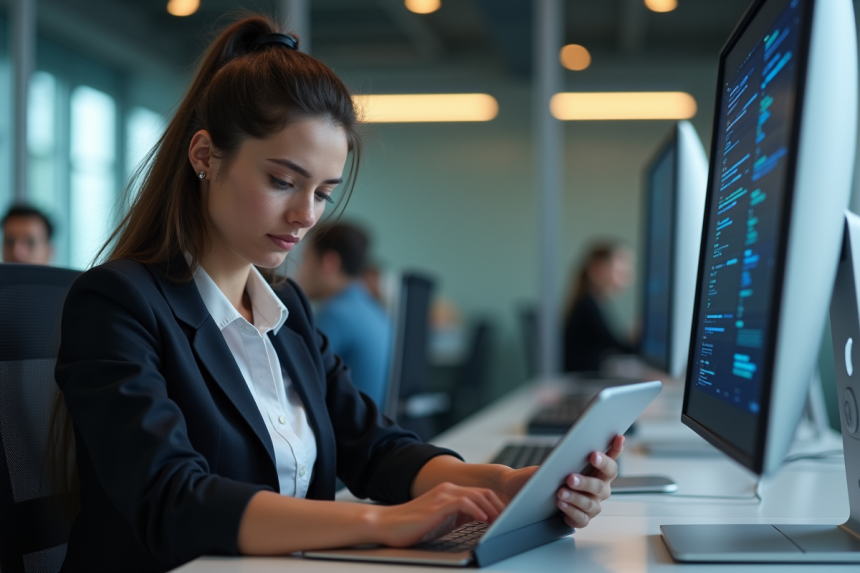 Jeune femme en blazer examine un tableau digital blockchain