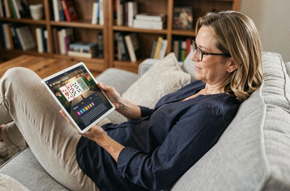 Femme jouant au bridge sur tablette depuis son canapé dans un salon confortable