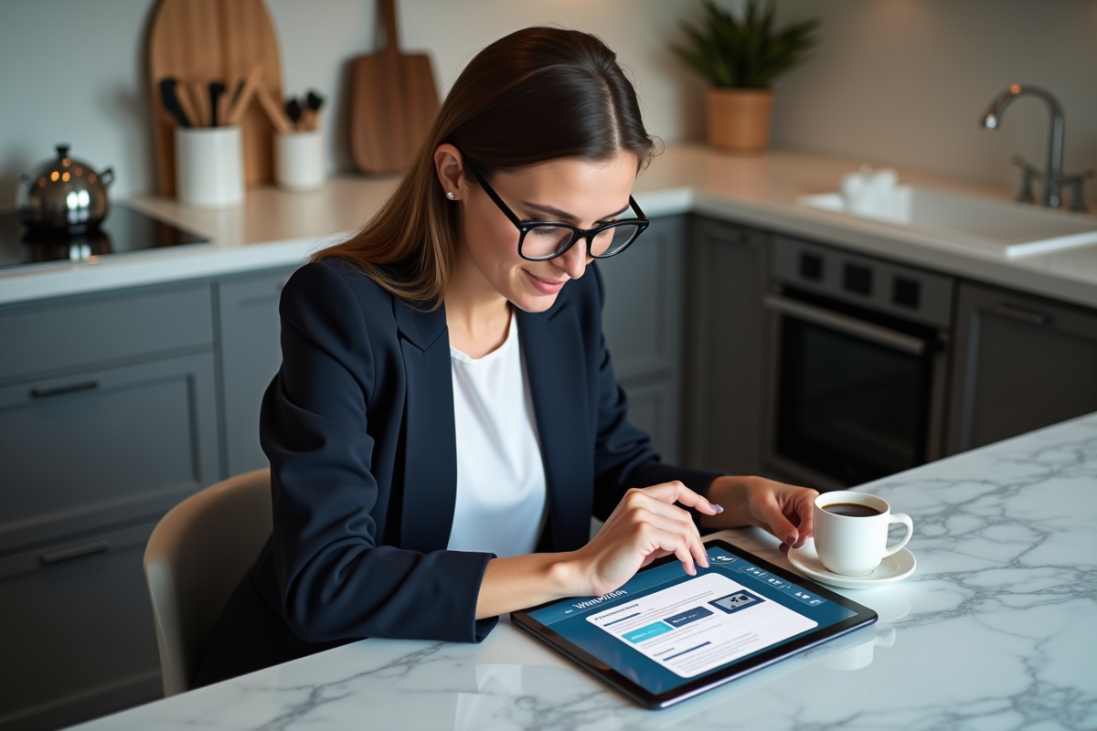 Femme utilisant une tablette avec une application VPN dans la cuisine