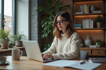 Femme au bureau à domicile travaillant sur son ordinateur