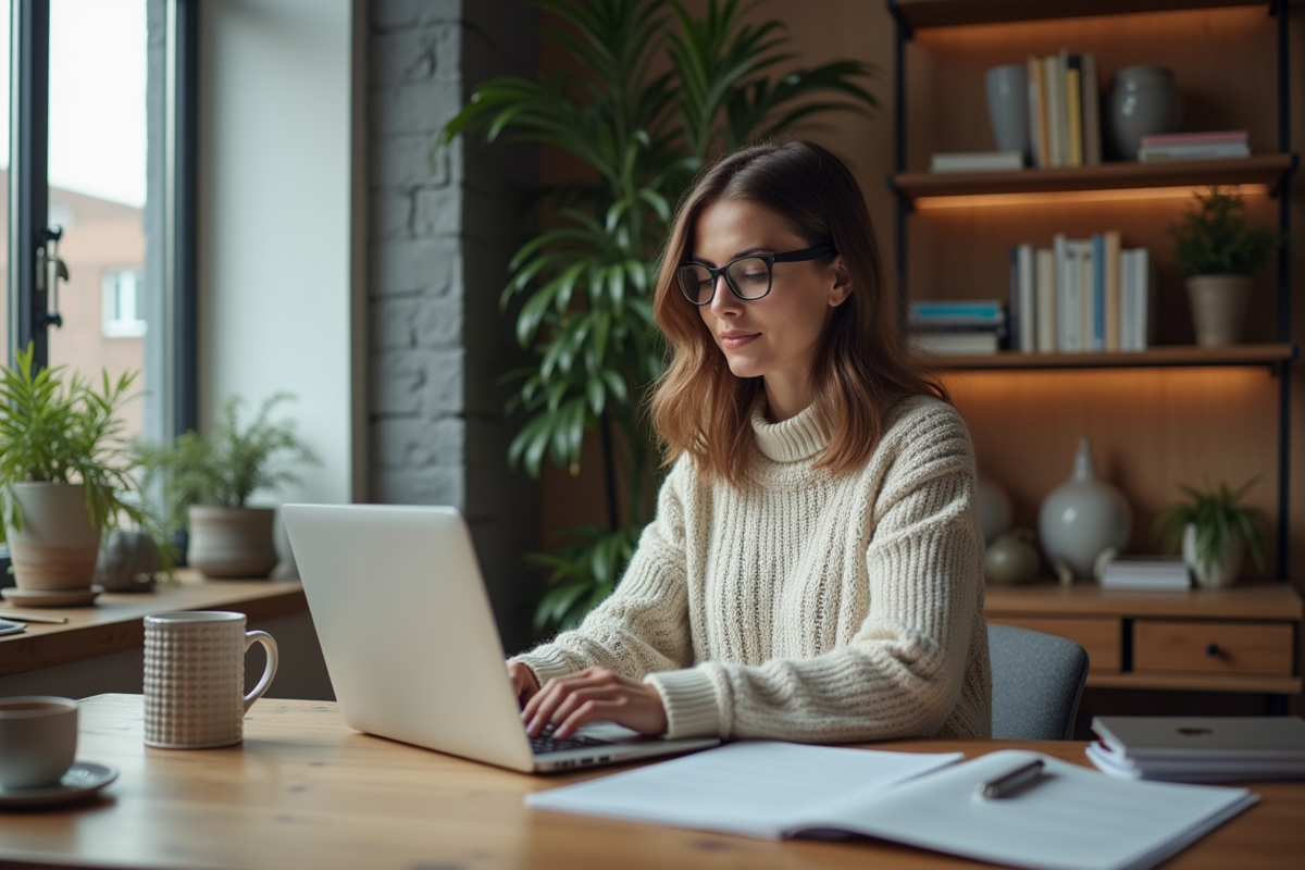 Femme au bureau à domicile travaillant sur son ordinateur