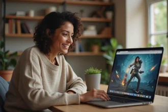 Femme souriante travaillant sur son ordinateur portable à la maison