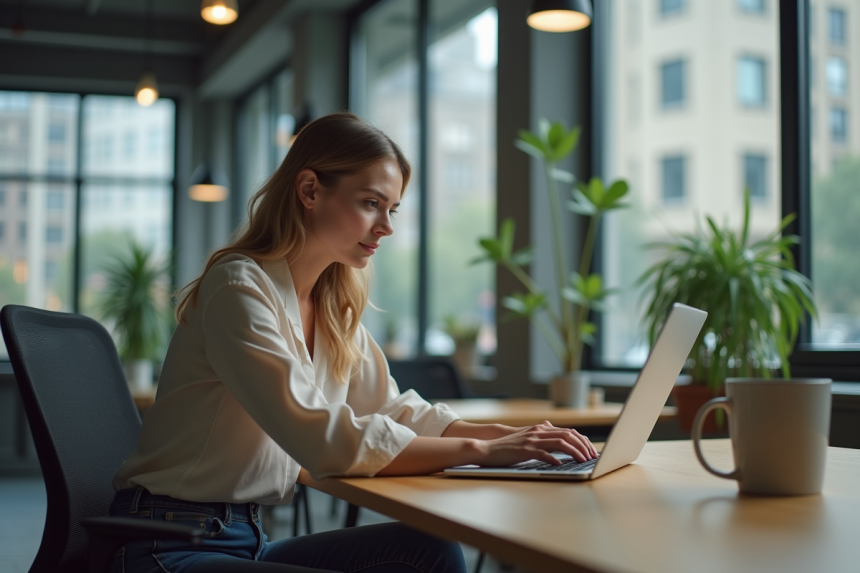 Femme au bureau regardant son ordinateur portable