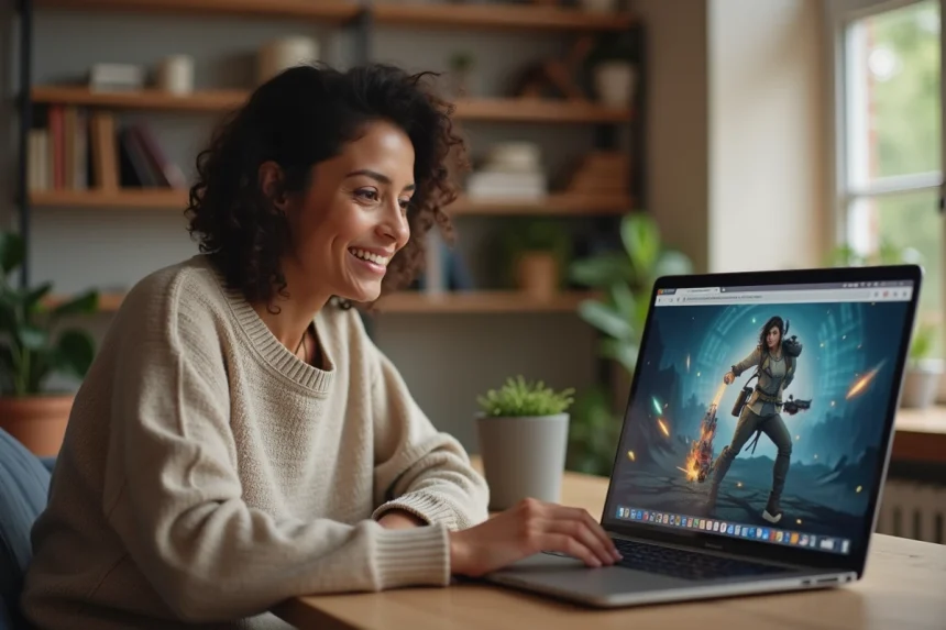 Femme souriante travaillant sur son ordinateur portable à la maison