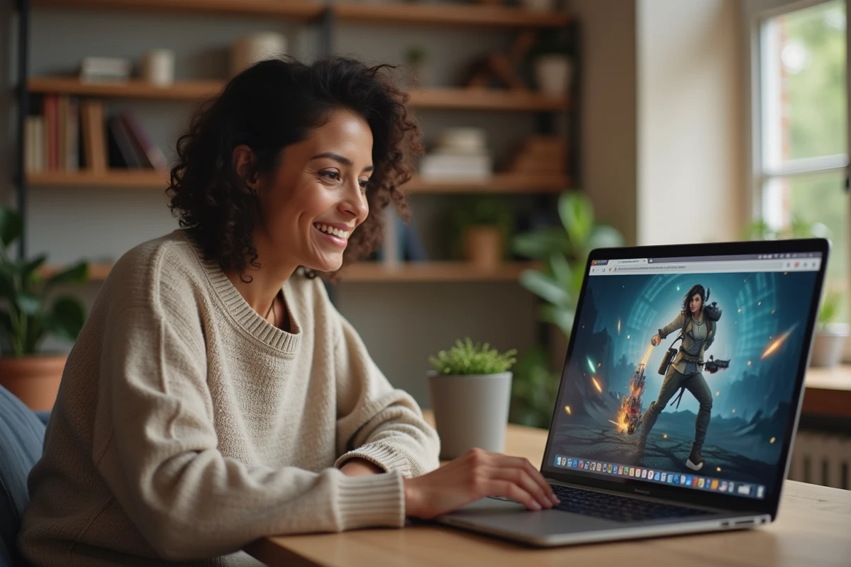 Femme souriante travaillant sur son ordinateur portable à la maison