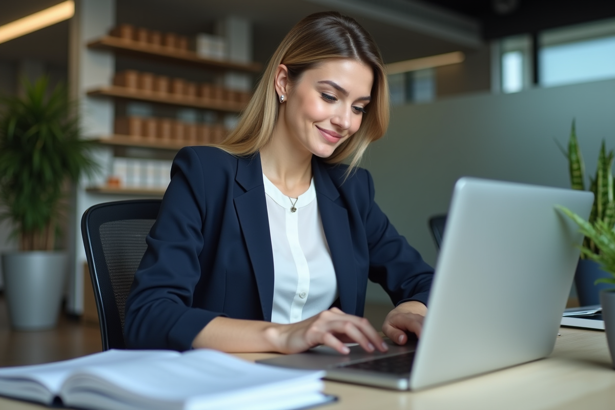 Femme d affaires concentrée au bureau avec documents et ordinateur