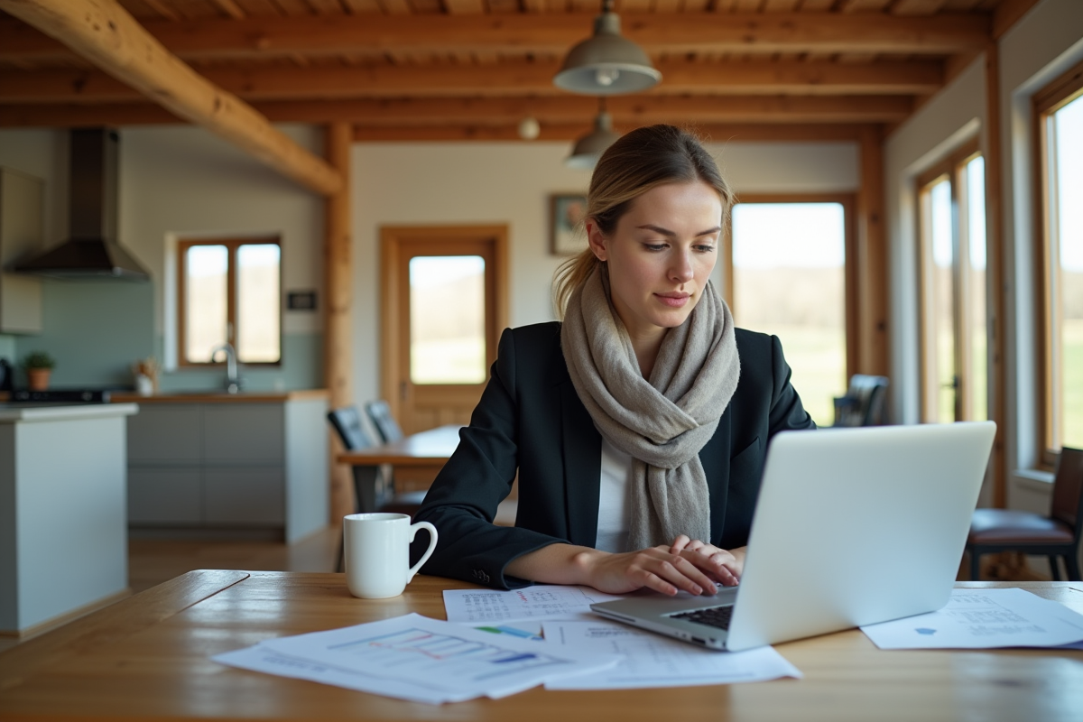 Jeune femme professionnelle dans une cuisine moderne et lumineuse