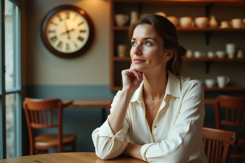 Femme contemplative dans un café parisien regardant une horloge affichant 14h41, symbolisant l'heure miroir et la réflexion intérieure