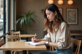 Femme prenant des notes dans un café parisien authentique