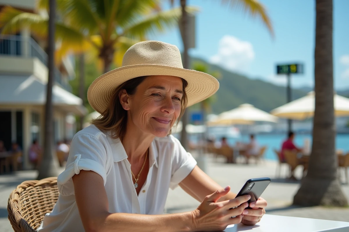 Femme assise en terrasse à Nouméa avec smartphone