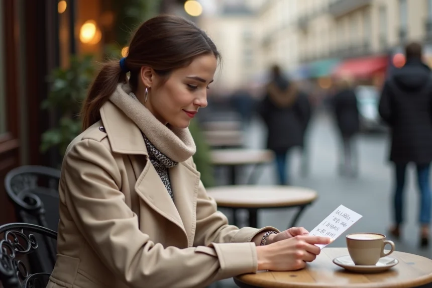 Femme lisant une lettre d'amour dans un café parisien