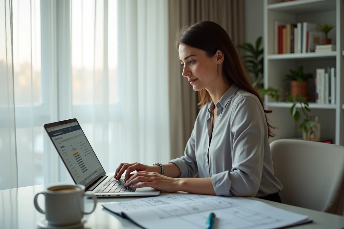 Femme utilisant un calculateur de charge électrique en ligne sur son ordinateur portable dans un bureau à domicile moderne