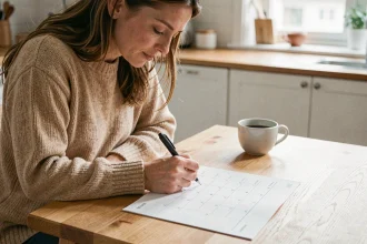 Femme consultant un calendrier papier imprimé avec semaines paires et impaires sur une table en bois